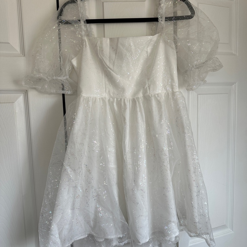 White Shimmer Puff Sleeve Dress
